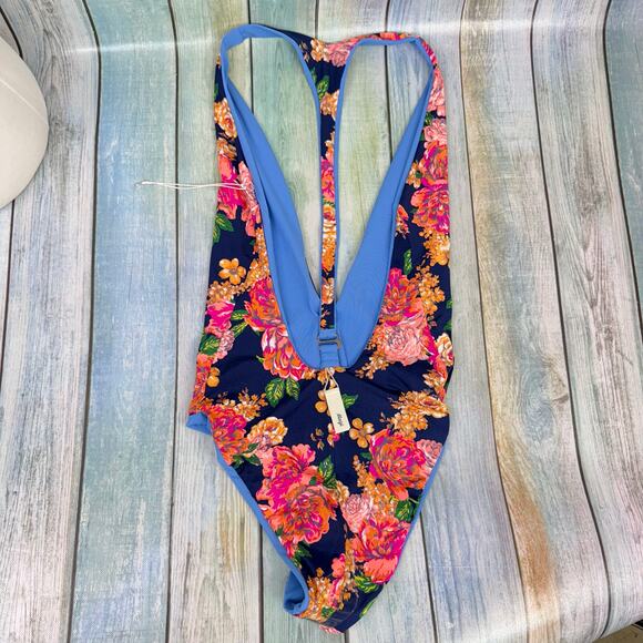 Maaji Reversible Cheeky Swimsuit One Piece Plunge NEW Blue Floral Size Large NWT - Picture 8 of 8